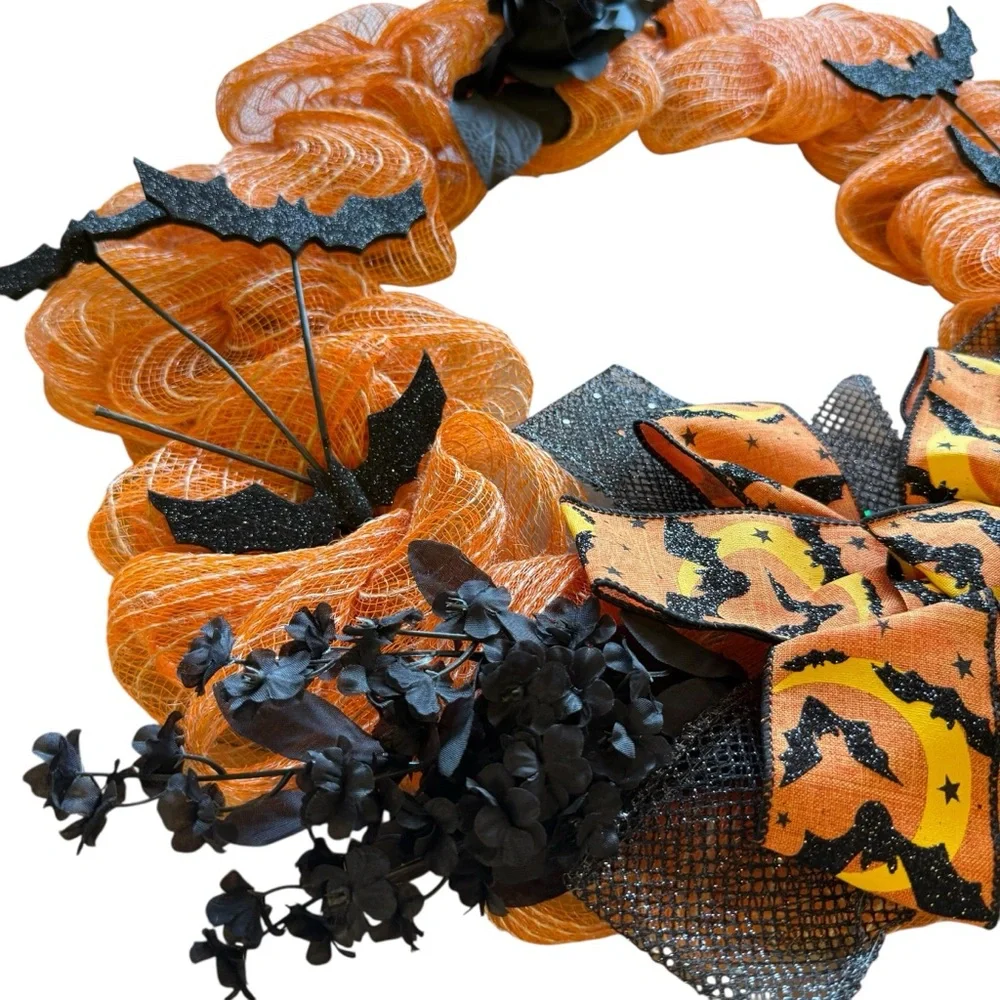 Halloween Orange & White Mesh Wreath with Black Flowers, Bats Ribbon Bow 20